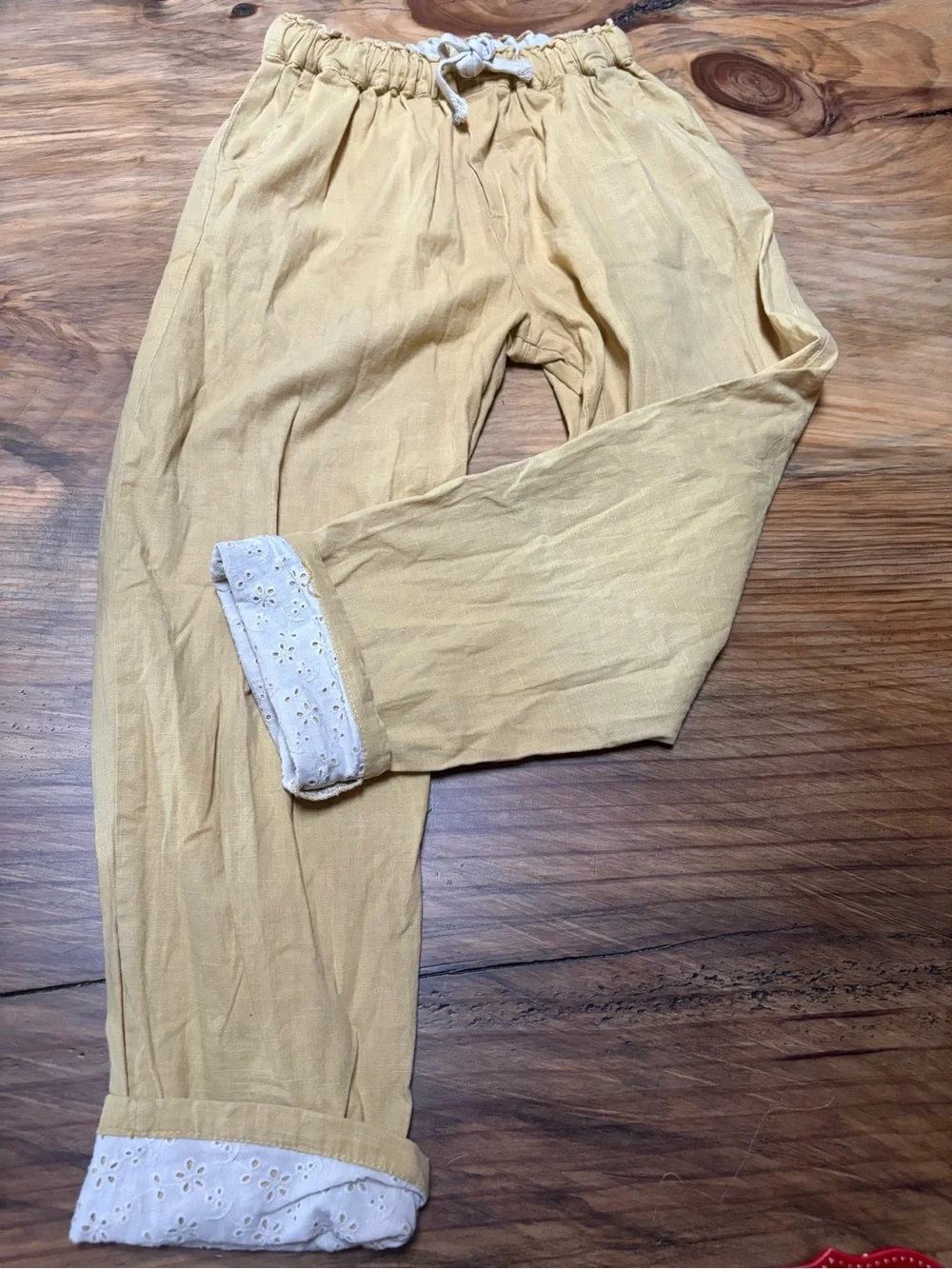 Portugal Handmade Yellow Drawstring Cotton Linen Pants w/ Eyelet Cuffs sz S